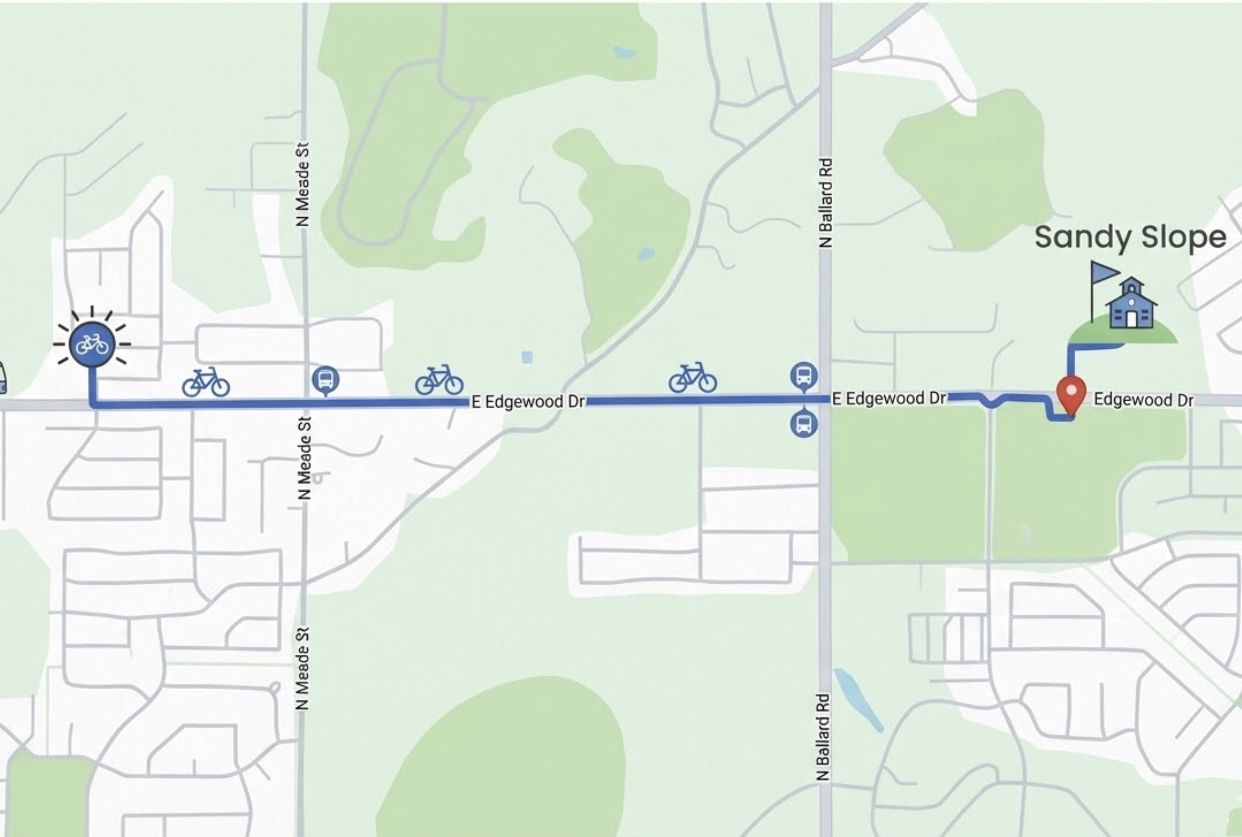 Map of the bike bus route along E Edgewood Dr to Sandy Slope school.
